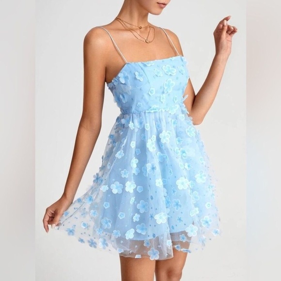 Trixxi | Mesh Organza Tulle Blue Floral Mini Dress - Picture 8 of 9
